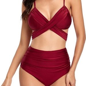 NWT XL Sexy Burgundy Bikini Set Crossover Wrap High Waist Plunge Two Piece